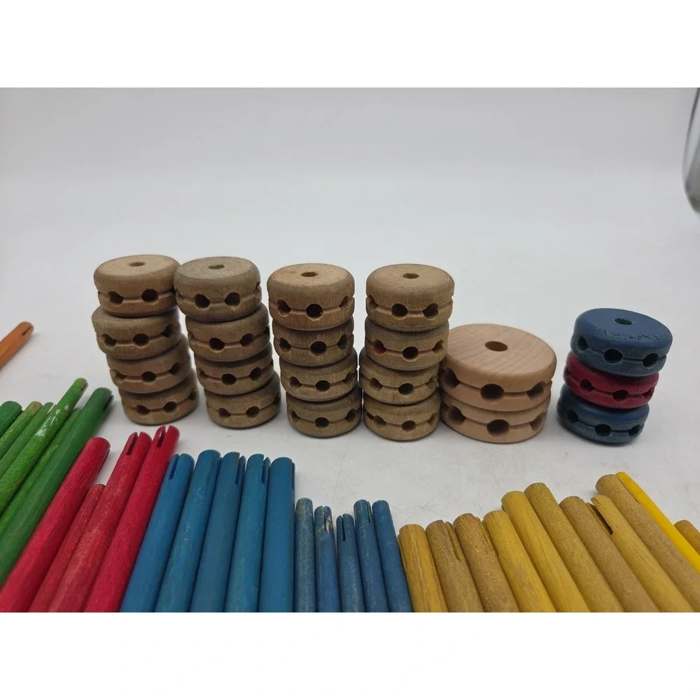 VTG Lot of 57 Piece Set Wooden Tinker Toys Rods Sticks Connections & Spools
